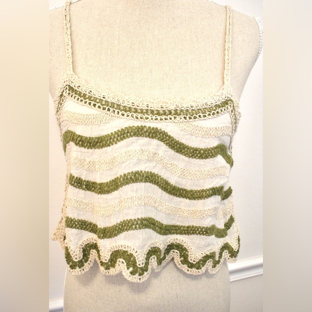 No Brand Boho Green and Cream Crochet Knit Tank Top Size S/M